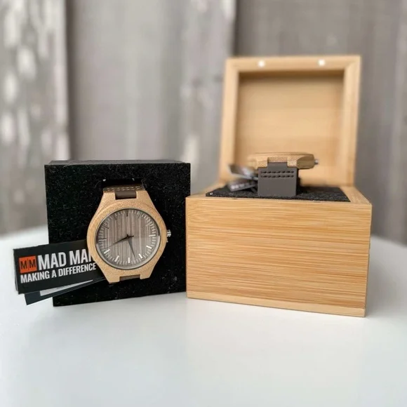 Mad Man Round 48mm Men's Koa Bamboo Watch Adjustable Genuine Leather Strap - Picture 1 of 3